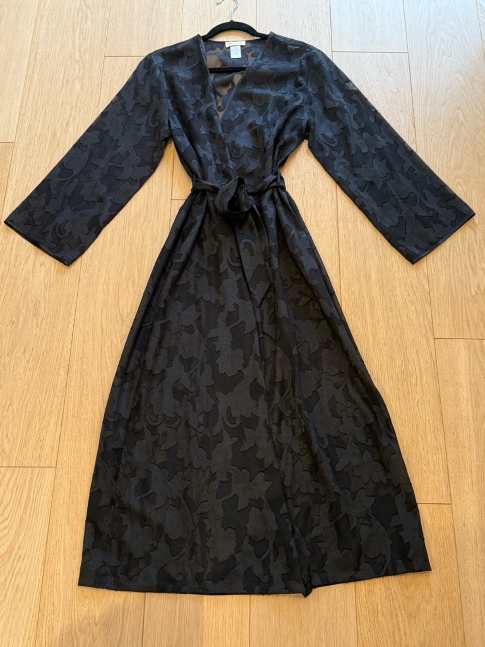 Vintage Black Lace Robe ✨ Sheer Romantic Duster L/XL Tie Waist - Picture 3 of 7